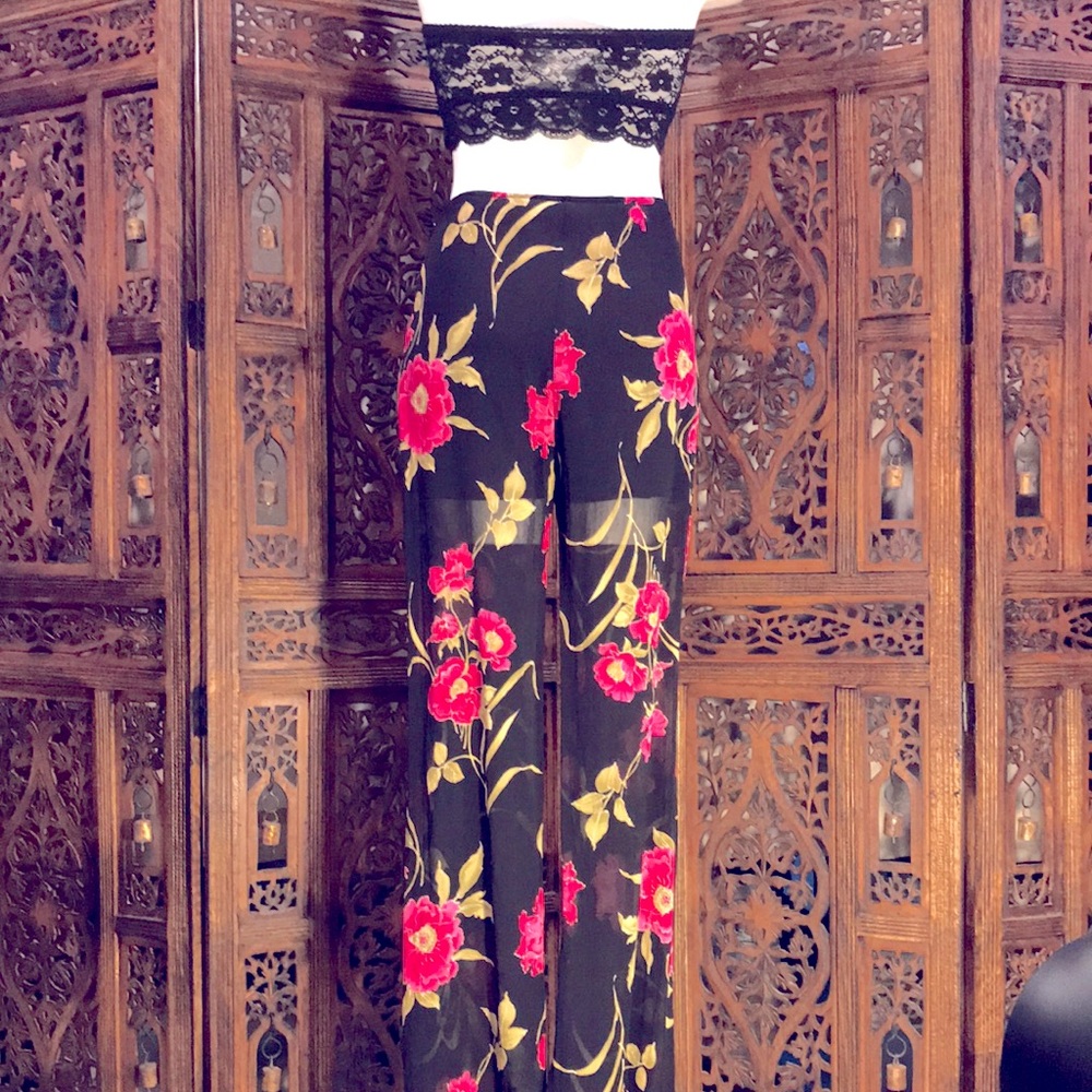 Semi-Sheer Pants with Floral Design